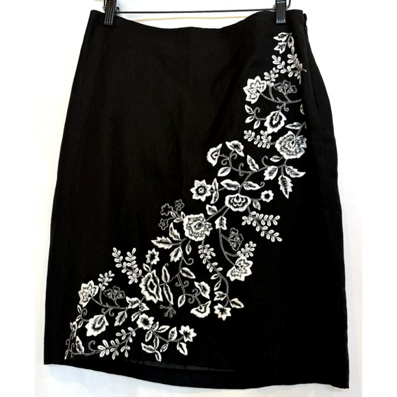 Larry Levine Floral Embroidered Linen Skirt Size 8 Office Siren Feminine Career - Picture 1 of 8